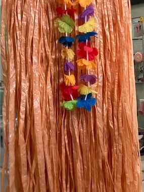Peach Fringe Hula Skirt with Multi-Color Flower Lei